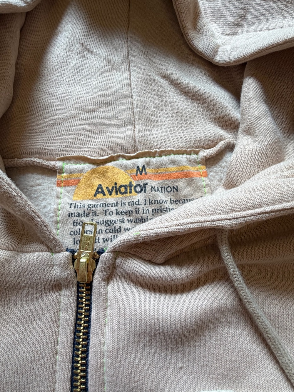 Aviator Nation Beige Zip-Up Hoodie with Retro Rainbow Stripe - Picture 3 of 5
